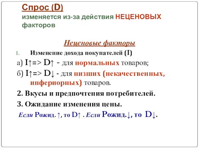 Спрос (D) изменяется из-за действия НЕЦЕНОВЫХ факторов Неценовые факторы Изменение дохода покупателей