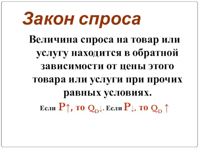 Закон спроса Величина спроса на товар или услугу находится в обратной зависимости