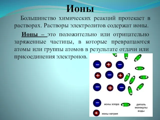 Ионы Большинство химических реакций протекает в растворах. Растворы электролитов содержат ионы. Ионы