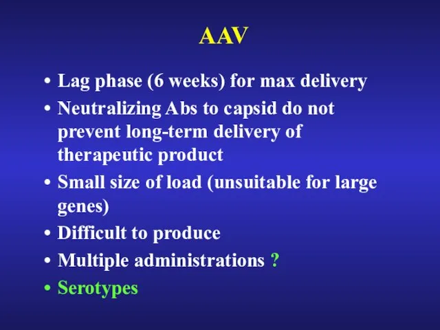 AAV Lag phase (6 weeks) for max delivery Neutralizing Abs to capsid
