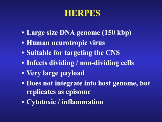 HERPES Large size DNA genome (150 kbp) Human neurotropic virus Suitable for