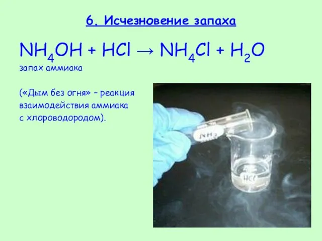 6. Исчезновение запаха NH4OH + HCl → NH4Cl + H2O запах аммиака