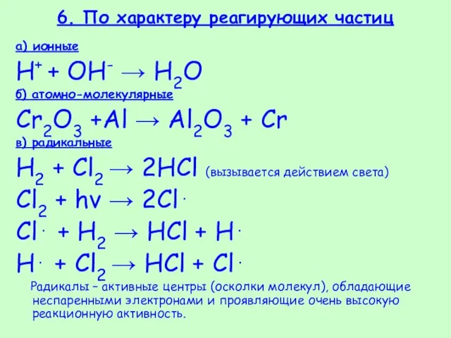 6. По характеру реагирующих частиц а) ионные H+ + OH- → H2O