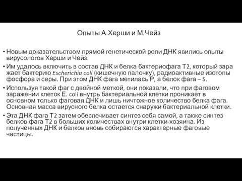 Опыты А.Херши и М.Чейз Новым доказательством прямой генетической роли ДНК явились опыты