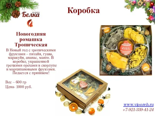 Коробка www.viporeh.ru +7-921-339-41-24 Новогодняя ромашка Тропическая В Новый год с тропическими фруктами