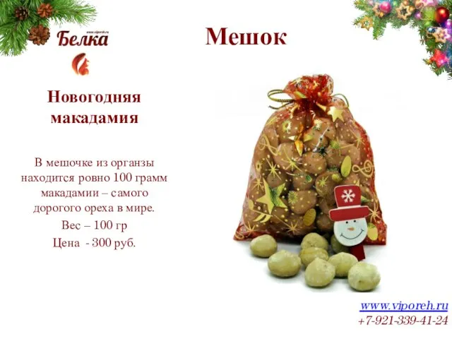 Мешок www.viporeh.ru +7-921-339-41-24 Новогодняя макадамия В мешочке из органзы находится ровно 100