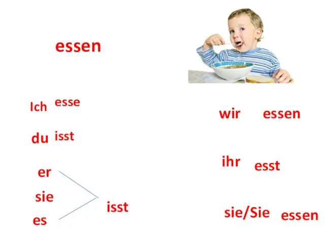 essen Ich esse isst du er sie es isst wir ihr esst essen sie/Sie essen