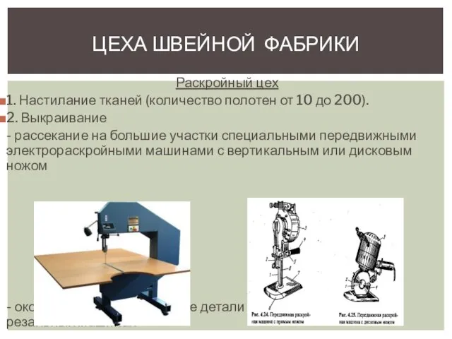 Раскройный цех 1. Настилание тканей (количество полотен от 10 до 200). 2.