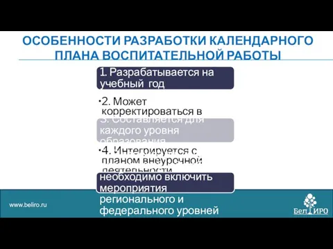 ОСОБЕННОСТИ РАЗРАБОТКИ КАЛЕНДАРНОГО ПЛАНА ВОСПИТАТЕЛЬНОЙ РАБОТЫ www.beliro.ru 1. Разрабатывается на учебный год