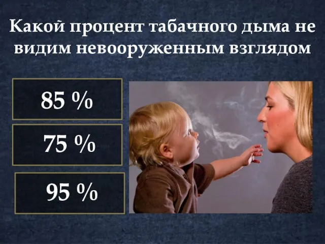 Какой процент табачного дыма не видим невооруженным взглядом 85 % 75 % 95 %