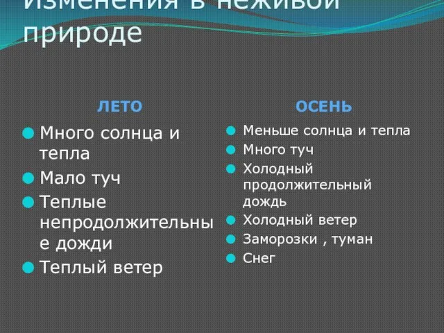 Изменения в неживой природе ЛЕТО ОСЕНЬ Много солнца и тепла Мало туч