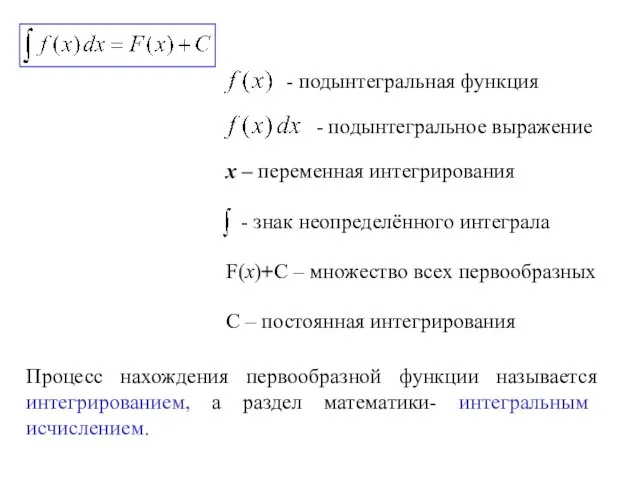 - подынтегральная функция - подынтегральное выражение - знак неопределённого интеграла х –