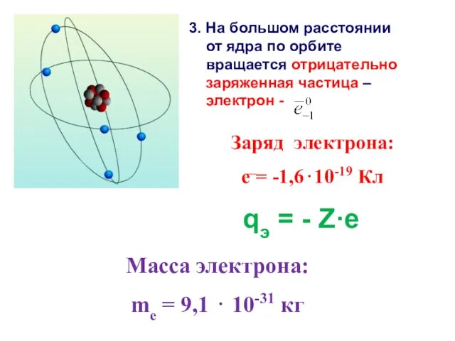 3. На большом расстоянии от ядра по орбите вращается отрицательно заряженная частица