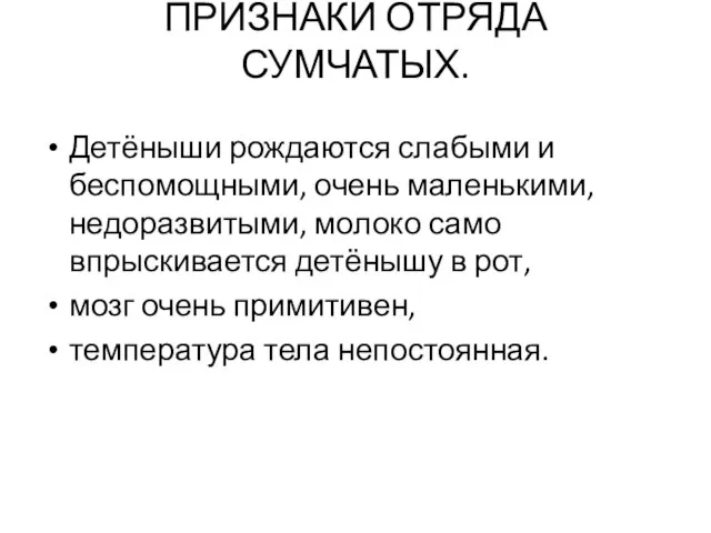 ПРИЗНАКИ ОТРЯДА СУМЧАТЫХ. Детёныши рождаются слабыми и беспомощными, очень маленькими, недоразвитыми, молоко