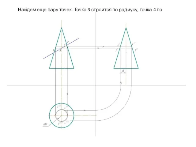 Найдем еще пару точек. Точка 3 строится по радиусу, точка 4 по стрелочкам