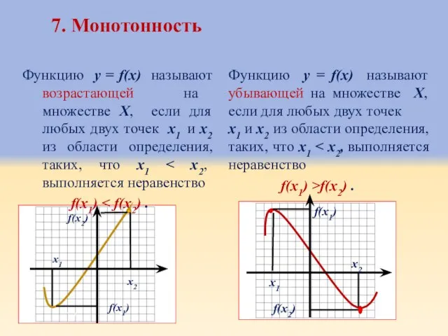 7. Монотонность Функцию у = f(х) называют возрастающей на множестве Х, если