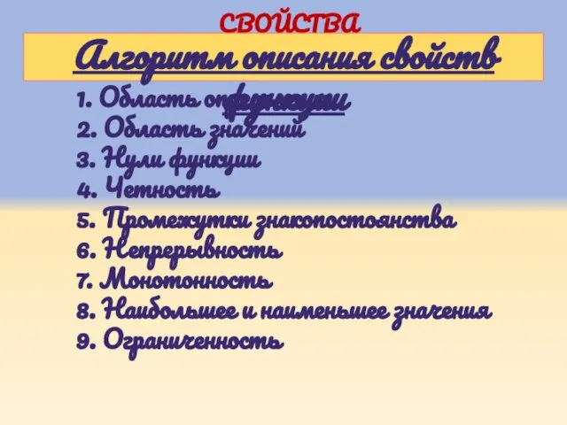 1. Область определения 2. Область значений 3. Нули функции 4. Четность 5.