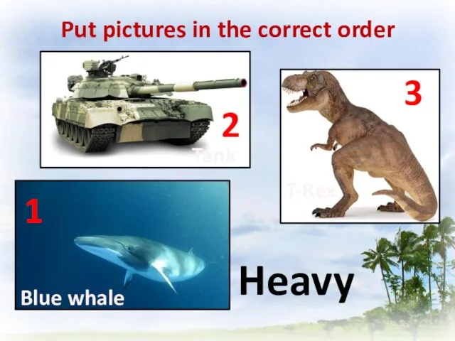 Put pictures in the correct order Heavy T-Rex Blue whale Tank 3 2 1