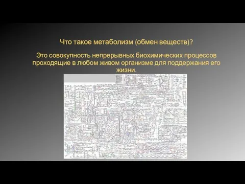 Что такое метаболизм (обмен веществ)? Это совокупность непрерывных биохимических процессов проходящие в