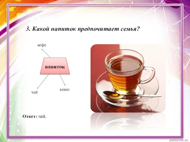 3. Какой напиток предпочитает семья? напиток кофе чай какао Ответ: чай.