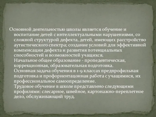 Основной деятельностью школы является обучение и воспитание детей с интеллектуальными нарушениями, со