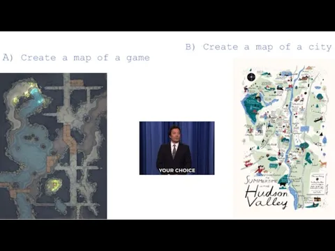 A) Create a map of a game B) Create a map of a city