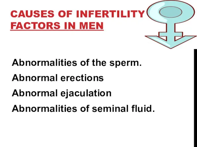 CAUSES OF INFERTILITY FACTORS IN MEN Abnormalities of the sperm. Abnormal erections