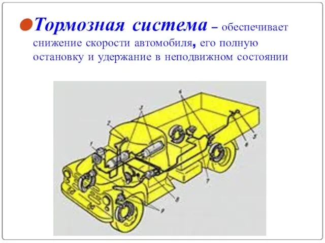 Тормозная система – обеспечивает снижение скорости автомобиля, его полную остановку и удержание в неподвижном состоянии