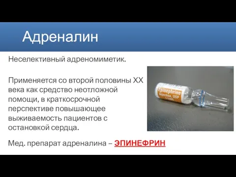 Адреналин Неселективный адреномиметик. Мед. препарат адреналина – ЭПИНЕФРИН Применяется со второй половины