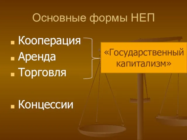 Основные формы НЕП Кооперация Аренда Торговля Концессии «Государственный капитализм»