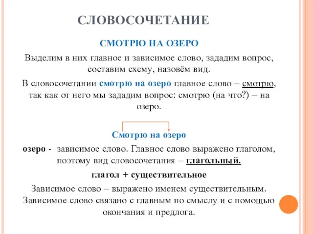 СЛОВОСОЧЕТАНИЕ СМОТРЮ НА ОЗЕРО Выделим в них главное и зависимое слово, зададим