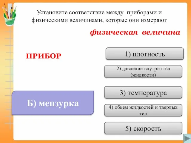 Б) мензурка 1) плотность 2) давление внутри газа(жидкости) 3) температура 4) объем