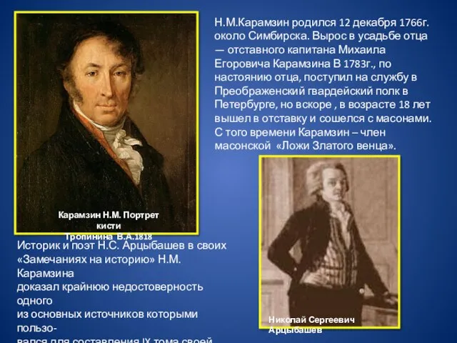 Карамзин Н.М. Портрет кисти Тропинина В.А.1818 Н.М.Карамзин родился 12 декабря 1766г. около