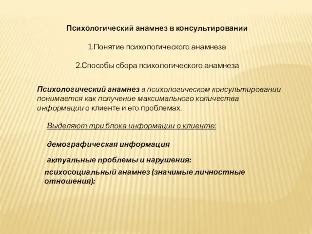 Психологический анамнез в консультировании 1.Понятие психологического анамнеза 2.Способы сбора психологического анамнеза Психологический