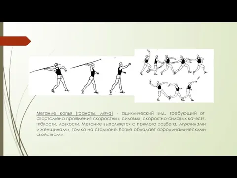 Метание копья (гранаты, мяча) - ациклический вид, требующий от спортсмена проявления скоростных,