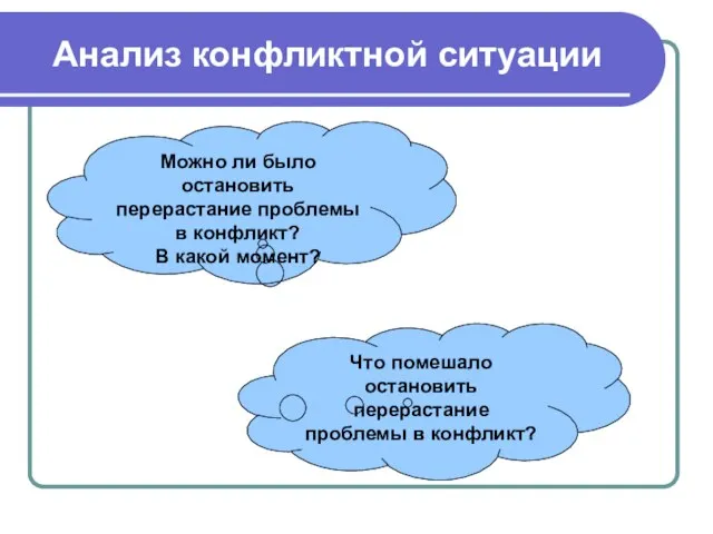 Анализ конфликтной ситуации Можно ли было остановить перерастание проблемы в конфликт? В