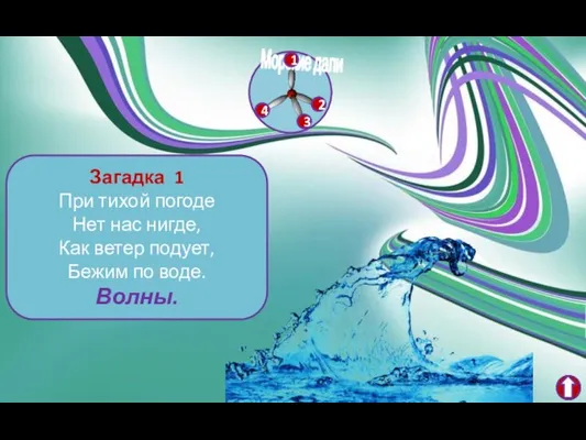 Загадка 1 При тихой погоде Нет нас нигде, Как ветер подует, Бежим по воде. Волны.
