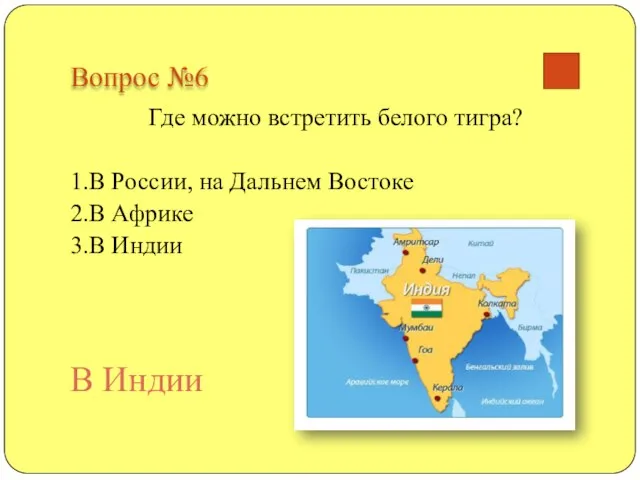 Вопрос №6 Где можно встретить белого тигра? 1.В России, на Дальнем Востоке