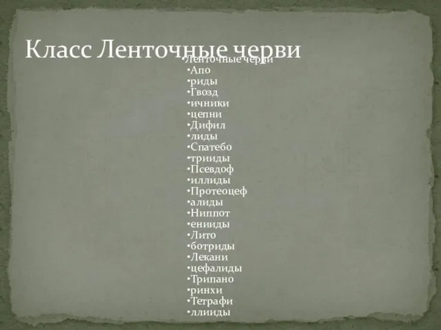 Ленточные черви Апо риды Гвозд ичники цепни Дифил лиды Спатебо трииды Псевдоф