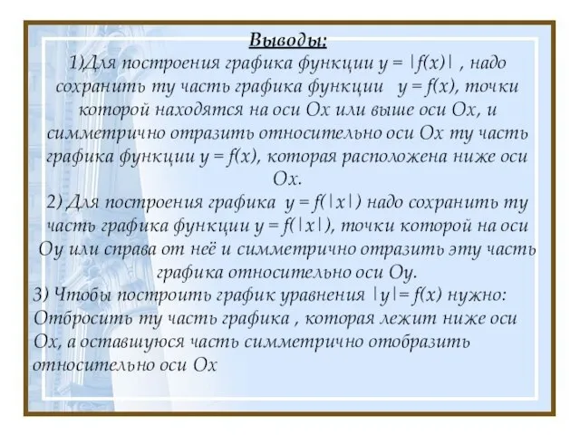 Выводы: 1)Для построения графика функции y = |f(x)| , надо сохранить ту