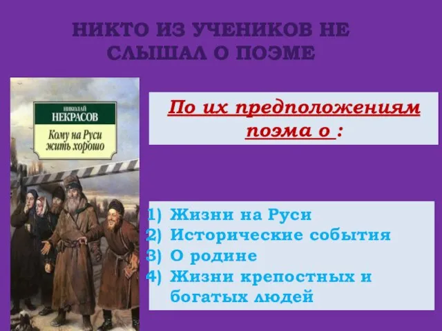 НИКТО ИЗ УЧЕНИКОВ НЕ СЛЫШАЛ О ПОЭМЕ По их предположениям поэма о