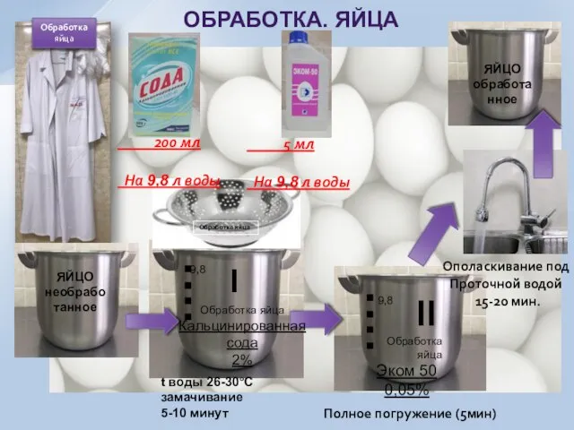 Обработка яйца ОБРАБОТКА. ЯЙЦА ЯЙЦО обработанное Обработка яйца t воды 26-30°С замачивание