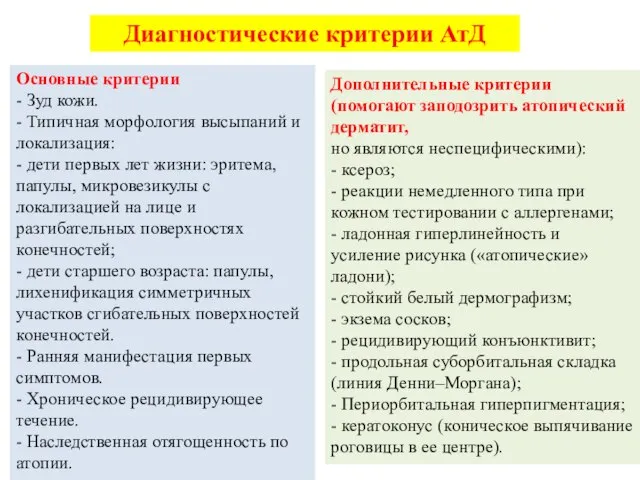 Диагностические критерии АтД Основные критерии - Зуд кожи. - Типичная морфология высыпаний