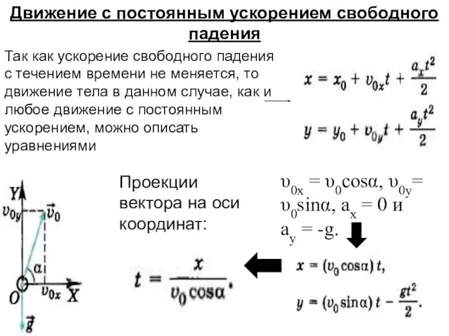 Движение с постоянным ускорением свободного падения Так как ускорение свободного падения с