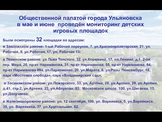 Общественной палатой города Ульяновска в мае и июне проведён мониторинг детских игровых