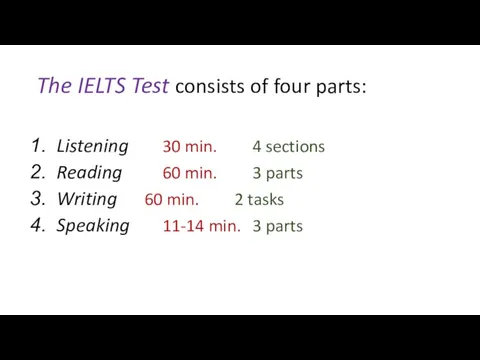 The IELTS Test consists of four parts: Listening 30 min. 4 sections