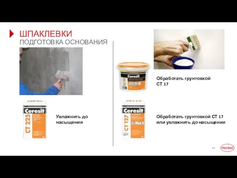 ШПАКЛЕВКИ ПОДГОТОВКА ОСНОВАНИЯ Увлажнить до насыщения Обработать грунтовкой СТ 17 или увлажнить