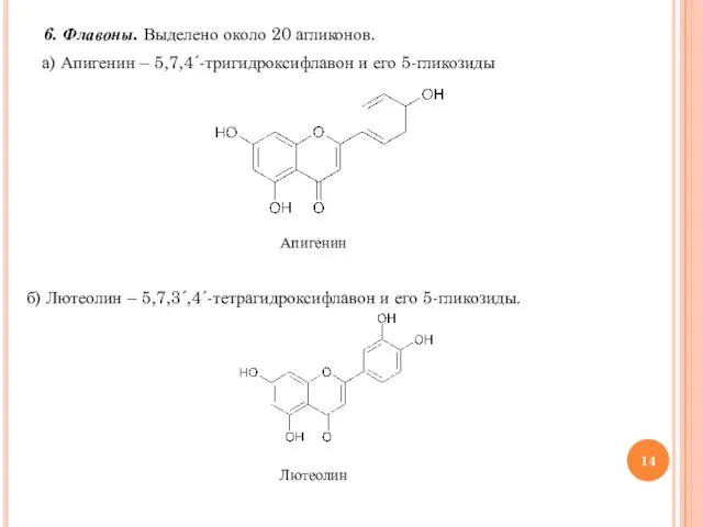 6. Флавоны. Выделено около 20 агликонов. а) Апигенин – 5,7,4´-тригидроксифлавон и его