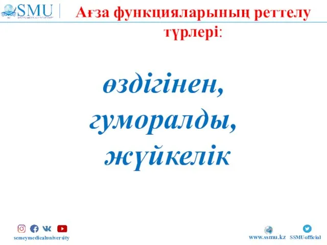 semeymedicaluniversity SSMUofficial www.ssmu.kz өздігінен, гуморалды, жүйкелік Ағза функцияларының реттелу түрлері: