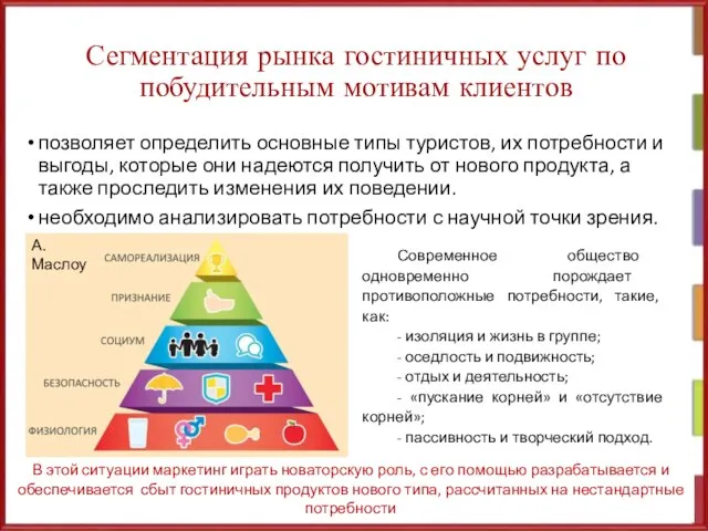 Сегментация рынка гостиничных услуг по побудительным мотивам клиентов позволяет определить основные типы